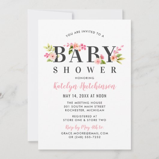 Elegant Pink Floral Waterverf Girl Baby shower Kaart (Voorkant)