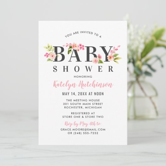 Elegant Pink Floral Waterverf Girl Baby shower Kaart (Staand voorkant)
