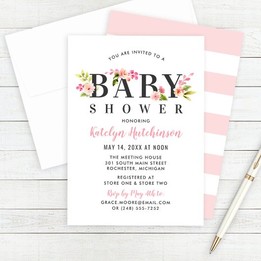 Elegant Pink Floral Waterverf Girl Baby shower Kaart