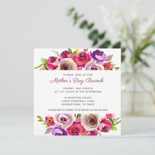 Elegant Pink Floral Waterverf Moederdag Brunch Kaart (Staand voorkant)