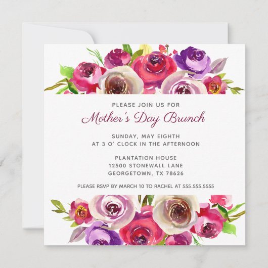 Elegant Pink Floral Waterverf Moederdag Brunch Kaart (Voorkant)