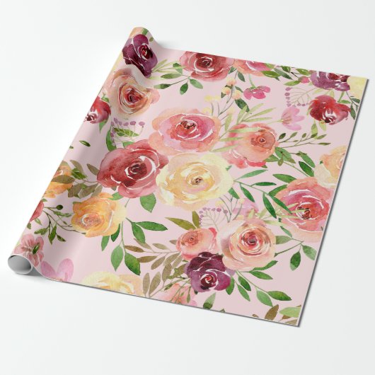 Elegant Pink Floral Waterverf Peony Flower Cadeaupapier (Uitgerold)