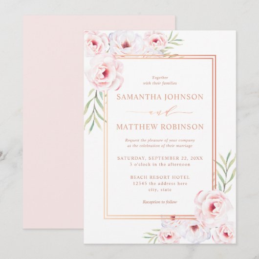Elegant Pink Floral Waterverf Roos Gold Wedding Kaart (Voorkant / Achterkant)