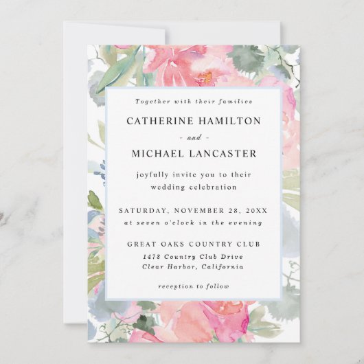 Elegant Pink Floral Waterverf Wedding Kaart (Voorkant)