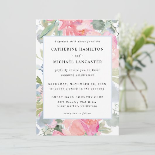 Elegant Pink Floral Waterverf Wedding Kaart (Staand voorkant)