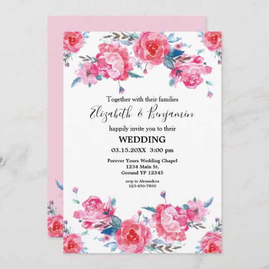 Elegant Pink Floral Waterverf Wedding Kaart (Voorkant / Achterkant)