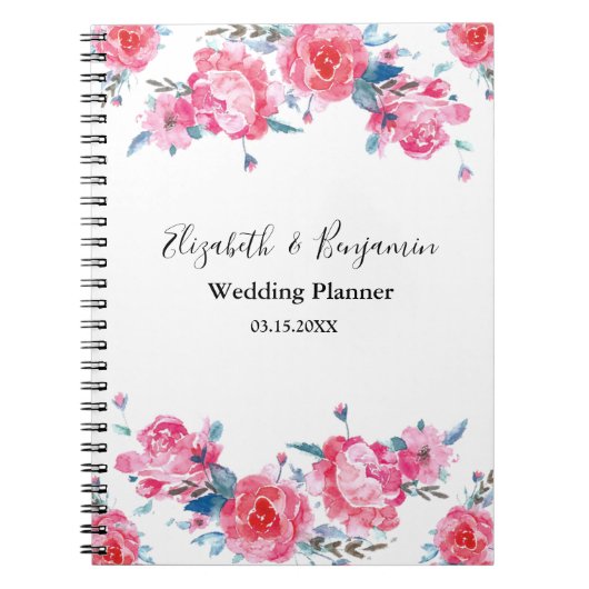 Elegant Pink Floral Waterverf Wedding Planner Notitieboek (Voorkant)