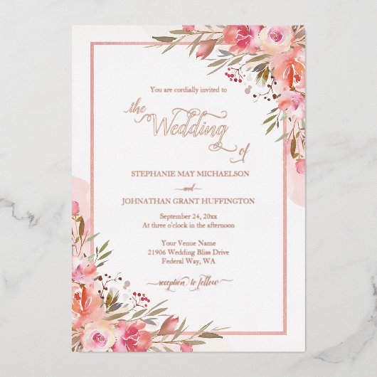 Elegant Pink Floral Waterverf Wedding Roos Folie Uitnodiging (Voorkant)