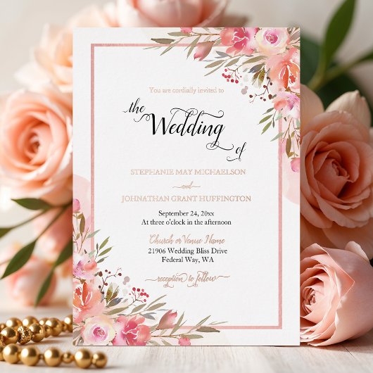 Elegant Pink Floral Waterverf Wedding Roos Gold Folie Uitnodiging