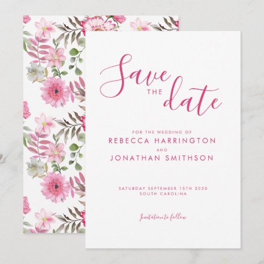 Elegant Pink Floral Waterverf Wedding Save The Date (Voorkant / Achterkant)