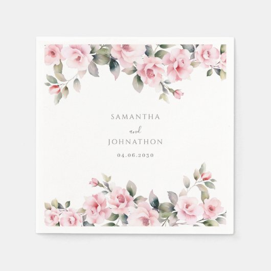 Elegant Pink Floral Waterverf Wedding Servet (Voorkant)
