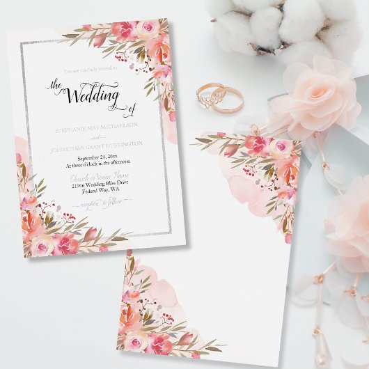 Elegant Pink Floral Waterverf Wedding Silver Foil Folie Uitnodiging