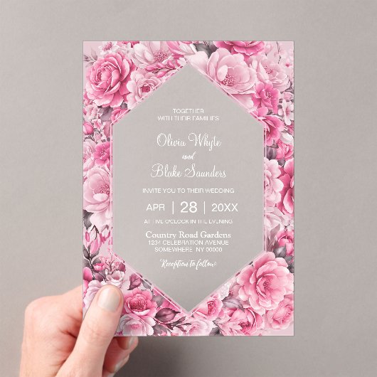 Elegant Pink Floral Wedding Acryl Uitnodigingen (Insitu (Draagbaar))