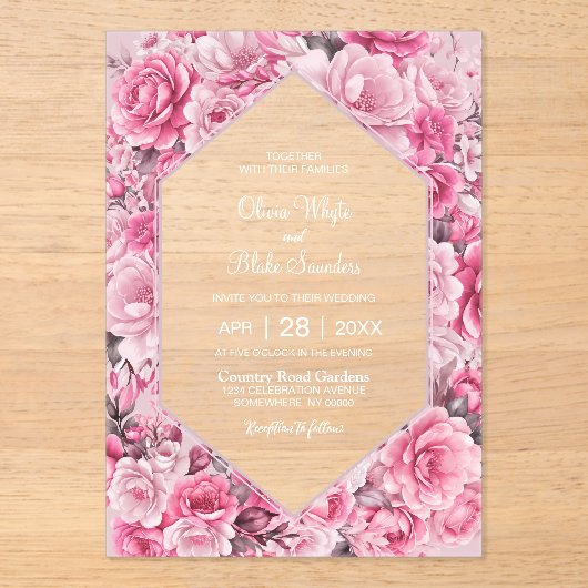 Elegant Pink Floral Wedding Acryl Uitnodigingen (Voorkant)