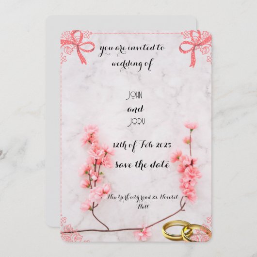 Elegant Pink Floral Wedding Invitation with Marble Save The Date (Voorkant / Achterkant)