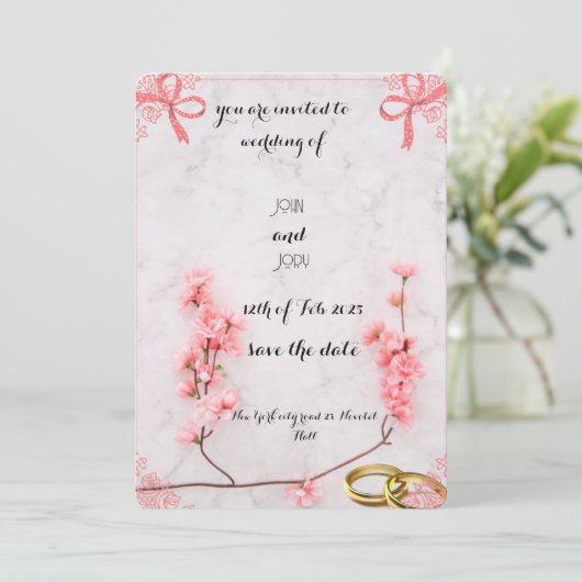 Elegant Pink Floral Wedding Invitation with Marble Save The Date (Staand voorkant)