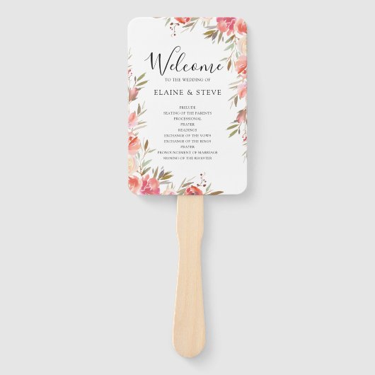 Elegant Pink Floral Wedding Programme Handwaaier (Voorkant)