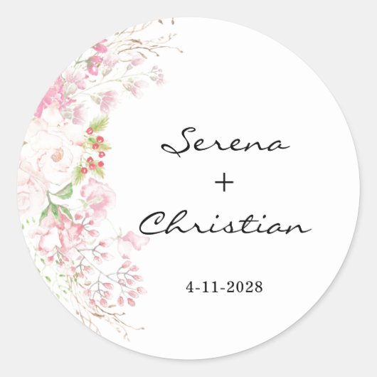 Elegant Pink Floral Wedding Ronde Sticker (Voorkant)