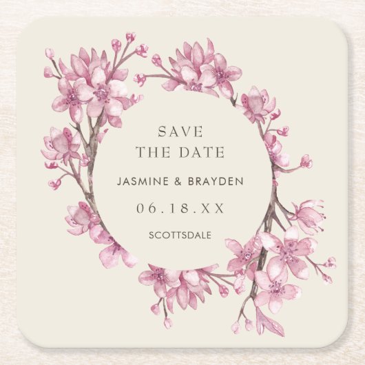Elegant Pink Floral Wedding Save the Date Kartonnen Onderzetters (Voorkant)