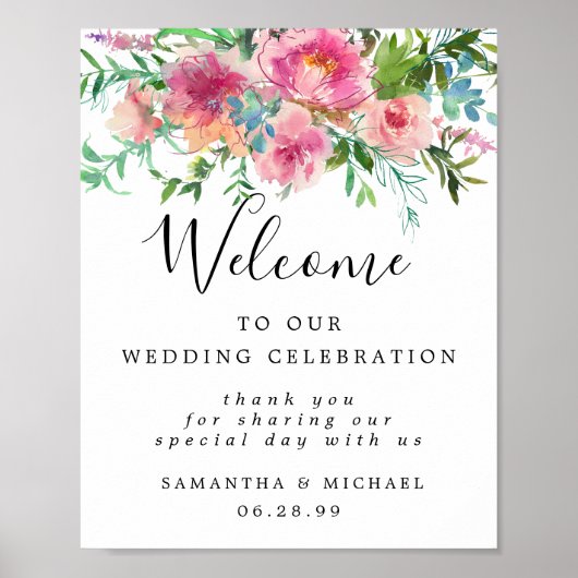 Elegant Pink Floral Welkom bij ons trouwbord Poster (Voorkant)