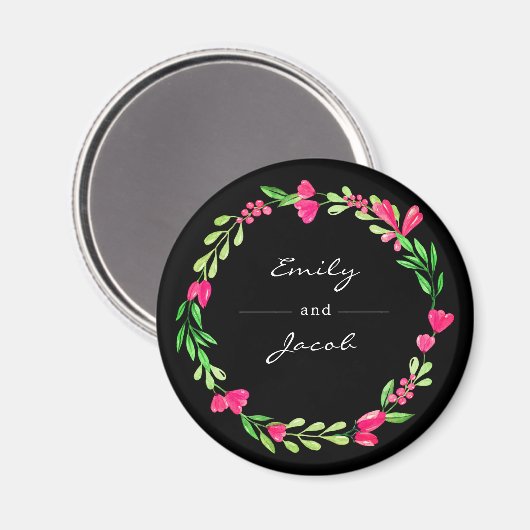 Elegant Pink Floral WreatBlack Name of Couple Magneet (Voorkant / Achterkant)