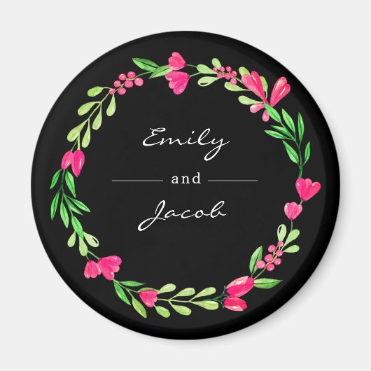 Elegant Pink Floral WreatBlack Name of Couple Magneet (Voorkant)