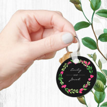 Elegant Pink Floral WreatBlack Name of Couple