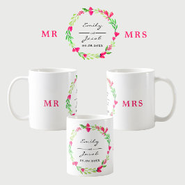 Elegant Pink Floral Wreath MRS. Wedding Names Koffiemok