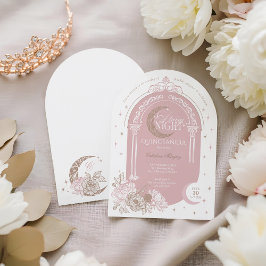Elegant Pink Florals Moon Stars Tiara Quinceañera Kaart
