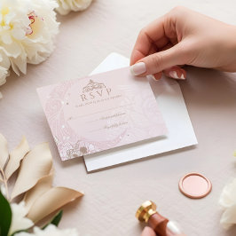 Elegant Pink Florals Moon Stars Tiara Quinceañera RSVP Kaartje