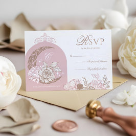 Elegant Pink Florals Moon Stars Tiara Quinceañera RSVP Kaartje