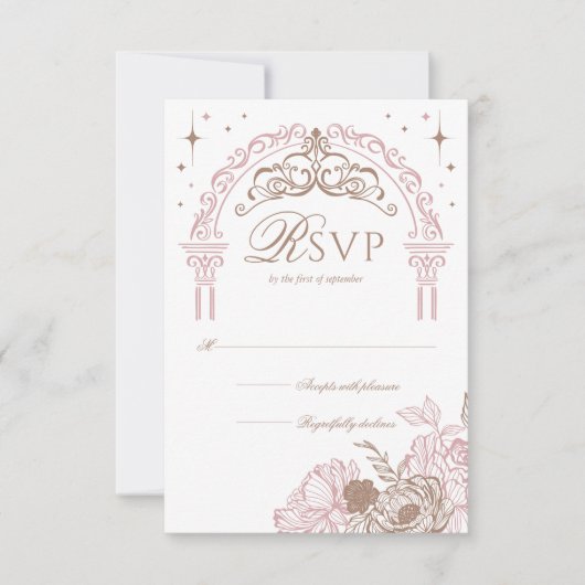 Elegant Pink Florals Moon Stars Tiara Quinceañera RSVP Kaartje (Voorkant)