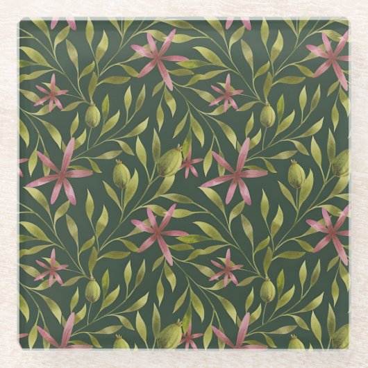 Elegant Pink Flower Pattern on Dark Background Glazen Onderzetter (Voorkant)