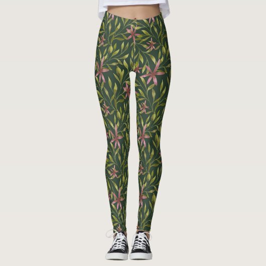 Elegant Pink Flower Pattern on Dark Background Leggings (Voorkant)