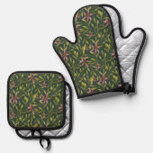 Elegant Pink Flower Pattern on Dark Background Ovenwant & Pannenlap Set (Voorkant / Achterkant)