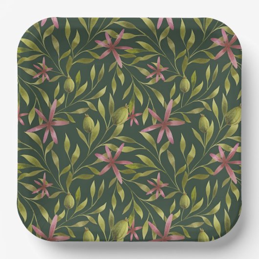 Elegant Pink Flower Pattern on Dark Background Papieren Bordje (Voorkant)