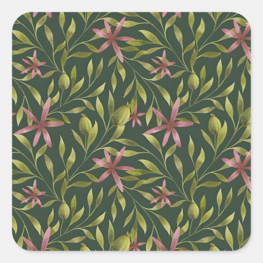 Elegant Pink Flower Pattern on Dark Background Vierkante Sticker (Voorkant)