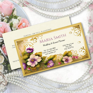 Elegant Pink Flowers Gold Filigree Event Planner Visitekaartje