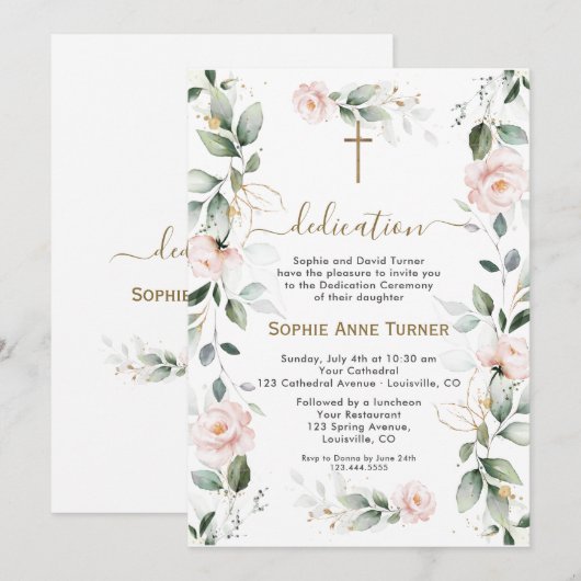 Elegant Pink Flowers Gold Greenery Dedication Kaart (Voorkant / Achterkant)