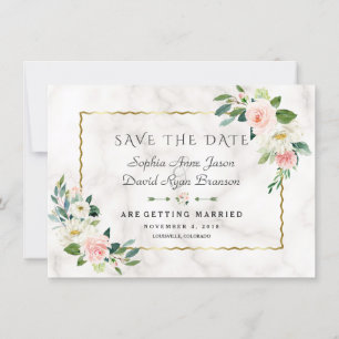 Elegant Pink Flowers Gold Lijst Marble Wedding Save The Date