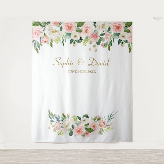 Elegant Pink Flowers Weddenschap Foto Booth Backdr Wandkleed (Voorkant)