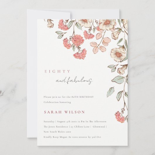 Elegant Pink Flowers Wreath 80th Birthday Invite Bedankkaart (Voorkant)