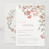 Elegant Pink Flowers Wreath 80th Birthday Invite Bedankkaart (Voorkant / Achterkant)