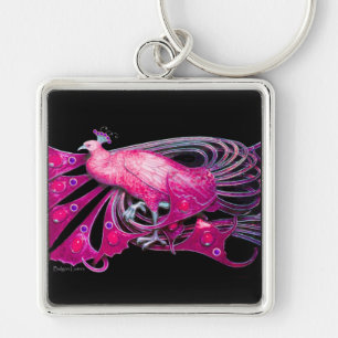 ELEGANT PINK FUCHSIA PEACOCK IN BLACK SLEUTELHANGER