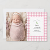 Elegant Pink Gingham Baby Girl 2 Foto Geboorte Aankondiging (Voorkant)