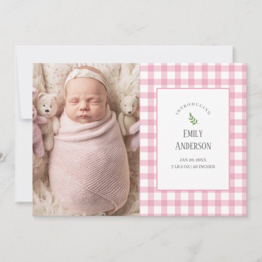 Elegant Pink Gingham Baby Girl 2 Foto Geboorte Aankondiging (Voorkant)