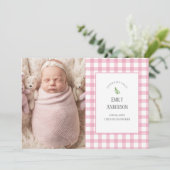 Elegant Pink Gingham Baby Girl 2 Foto Geboorte Aankondiging (Staand voorkant)