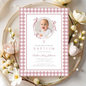 Elegant Pink Gingham Bow Photo Girl Baptism Kaart