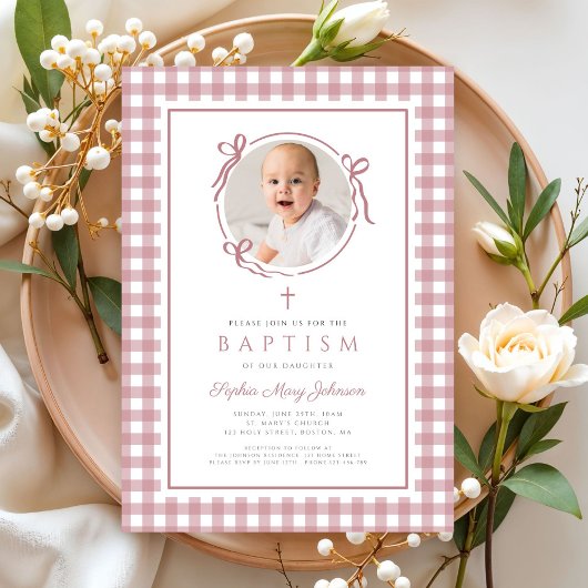 Elegant Pink Gingham Bow Photo Girl Baptism Kaart