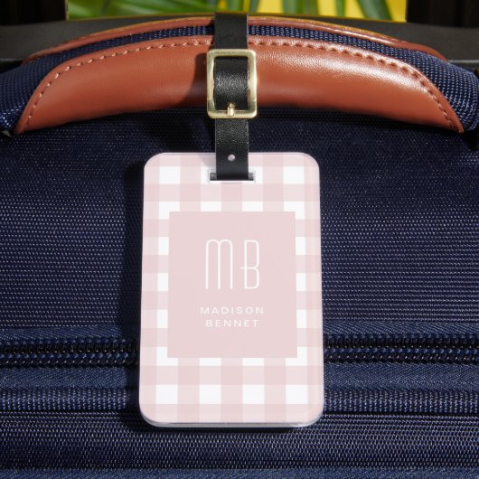 Elegant Pink Gingham Monogram Bagagelabel (Voorkant Insitu 2)